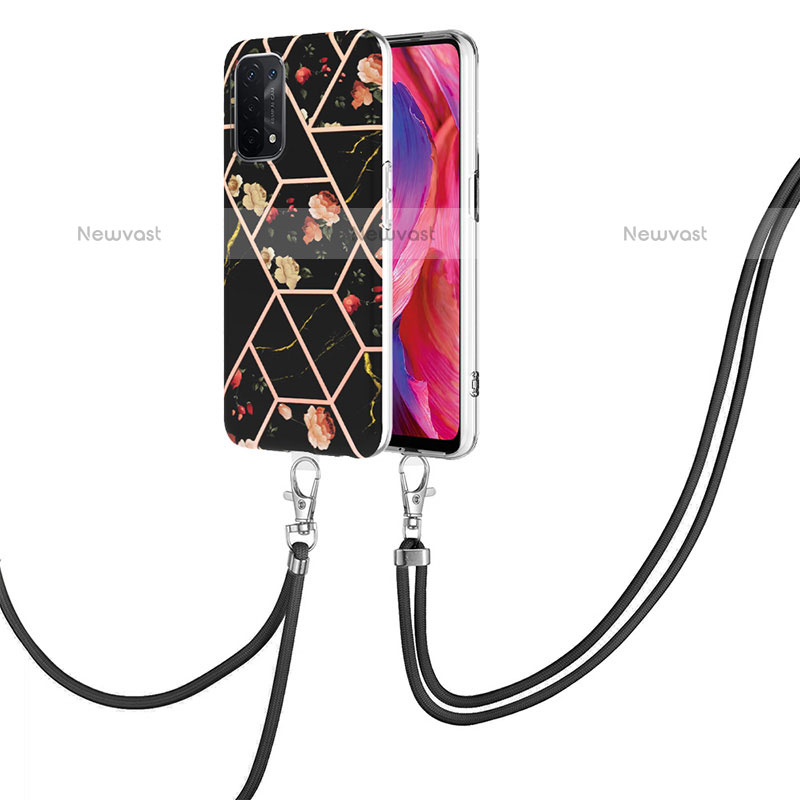 Silicone Candy Rubber Gel Fashionable Pattern Soft Case Cover with Lanyard Strap Y02B for OnePlus Nord N200 5G Black