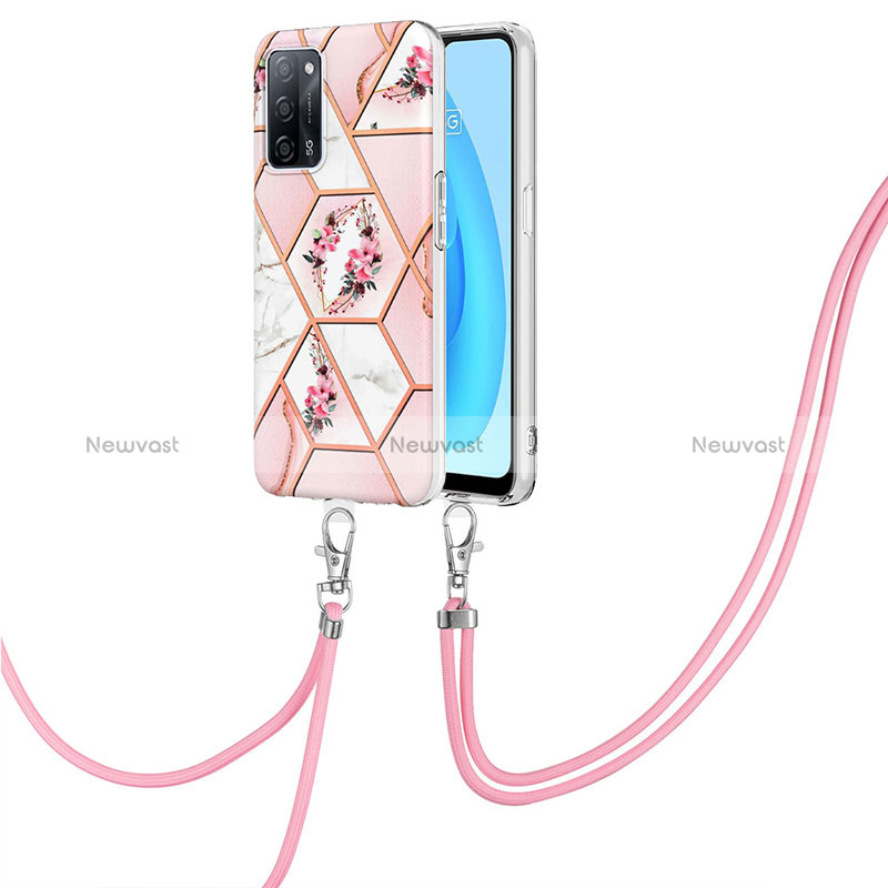 Silicone Candy Rubber Gel Fashionable Pattern Soft Case Cover with Lanyard Strap Y02B for Oppo A53s 5G Pink