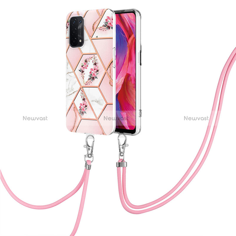 Silicone Candy Rubber Gel Fashionable Pattern Soft Case Cover with Lanyard Strap Y02B for Oppo A54 5G Pink