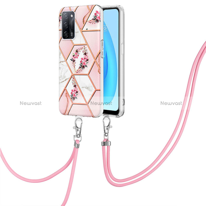 Silicone Candy Rubber Gel Fashionable Pattern Soft Case Cover with Lanyard Strap Y02B for Oppo A56 5G Pink