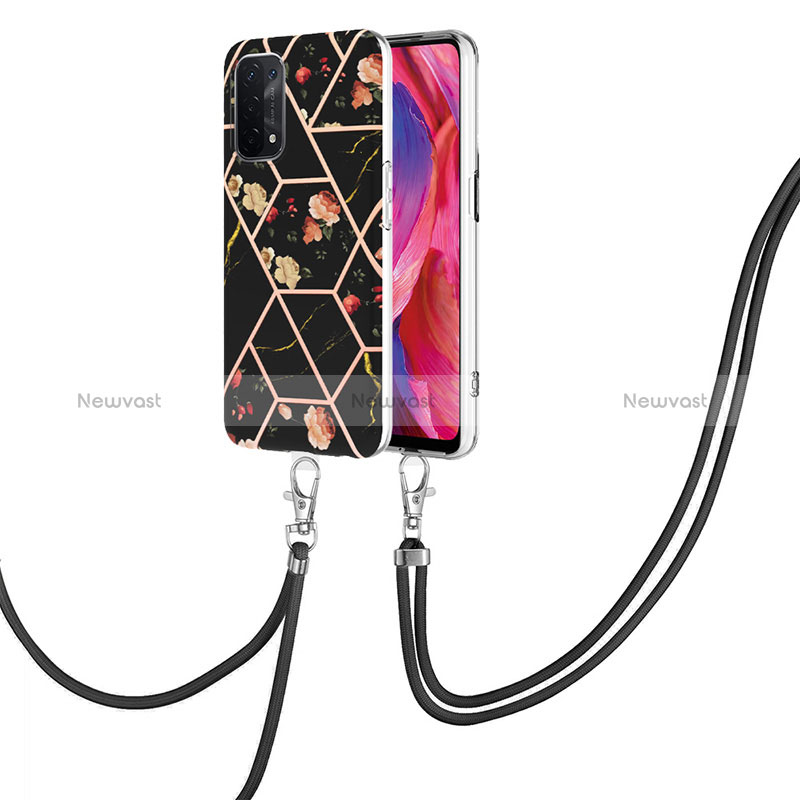 Silicone Candy Rubber Gel Fashionable Pattern Soft Case Cover with Lanyard Strap Y02B for Oppo A74 5G