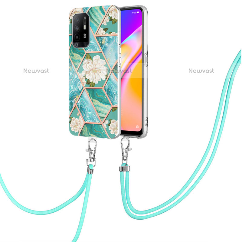 Silicone Candy Rubber Gel Fashionable Pattern Soft Case Cover with Lanyard Strap Y02B for Oppo A94 5G Green