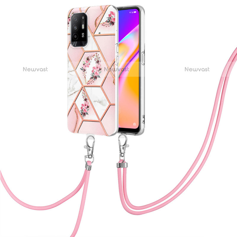 Silicone Candy Rubber Gel Fashionable Pattern Soft Case Cover with Lanyard Strap Y02B for Oppo A94 5G Pink