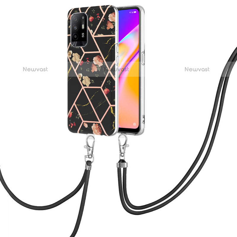 Silicone Candy Rubber Gel Fashionable Pattern Soft Case Cover with Lanyard Strap Y02B for Oppo A95 5G Black