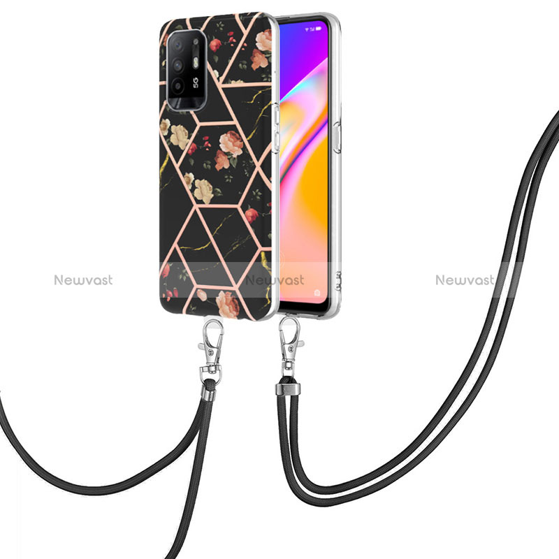 Silicone Candy Rubber Gel Fashionable Pattern Soft Case Cover with Lanyard Strap Y02B for Oppo Reno5 Z 5G Black