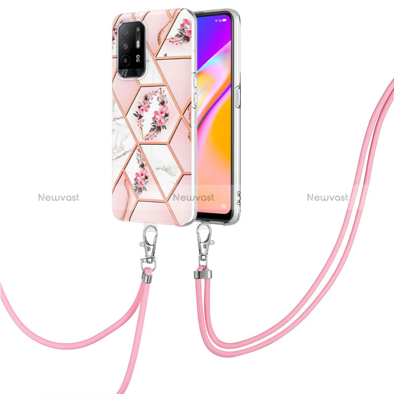 Silicone Candy Rubber Gel Fashionable Pattern Soft Case Cover with Lanyard Strap Y02B for Oppo Reno5 Z 5G Pink