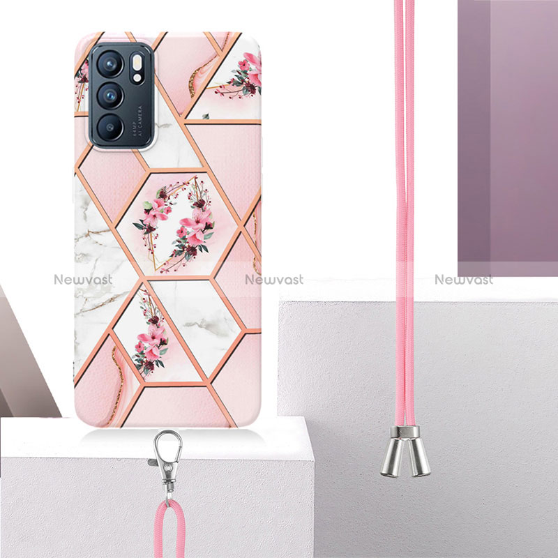 Silicone Candy Rubber Gel Fashionable Pattern Soft Case Cover with Lanyard Strap Y02B for Oppo Reno6 5G