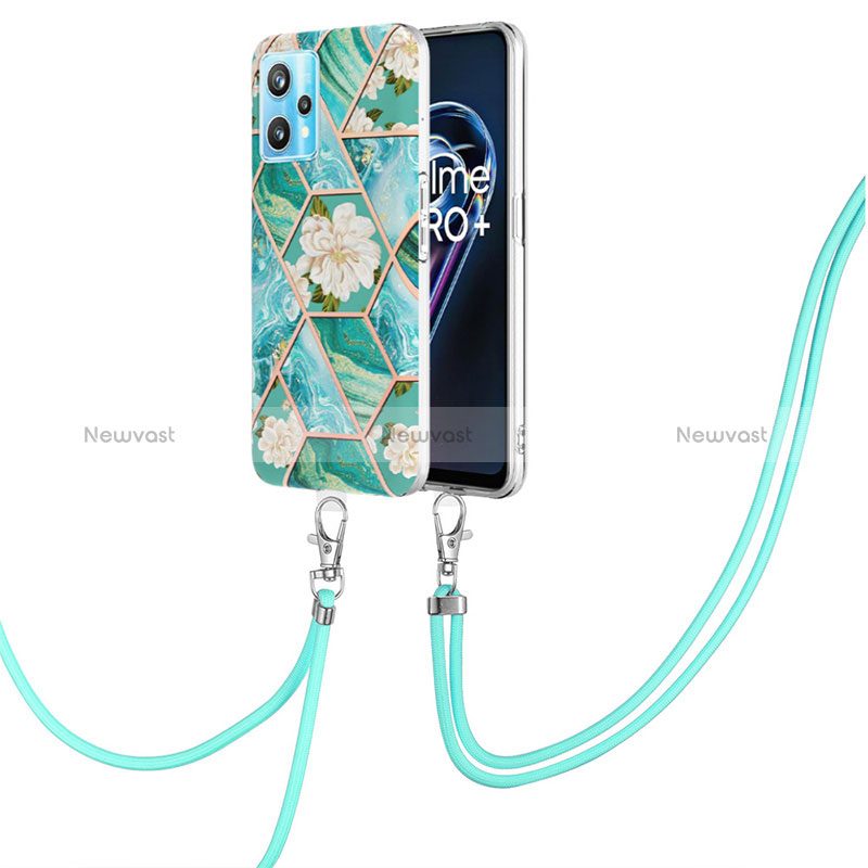 Silicone Candy Rubber Gel Fashionable Pattern Soft Case Cover with Lanyard Strap Y02B for Realme 9 Pro+ Plus 5G Green