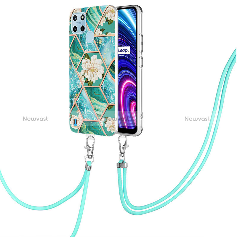 Silicone Candy Rubber Gel Fashionable Pattern Soft Case Cover with Lanyard Strap Y02B for Realme C25Y India