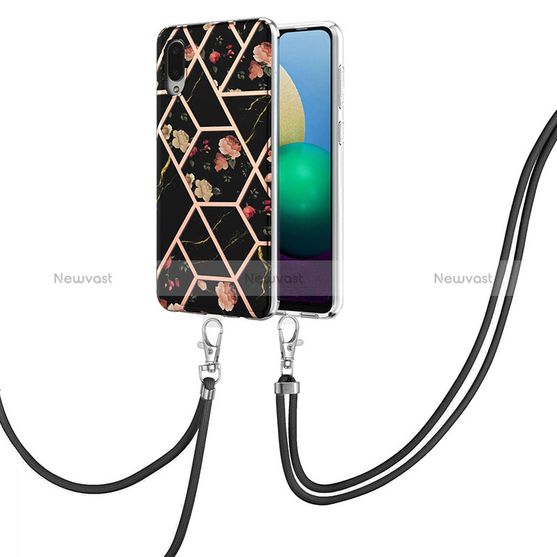 Silicone Candy Rubber Gel Fashionable Pattern Soft Case Cover with Lanyard Strap Y02B for Samsung Galaxy A02 Black