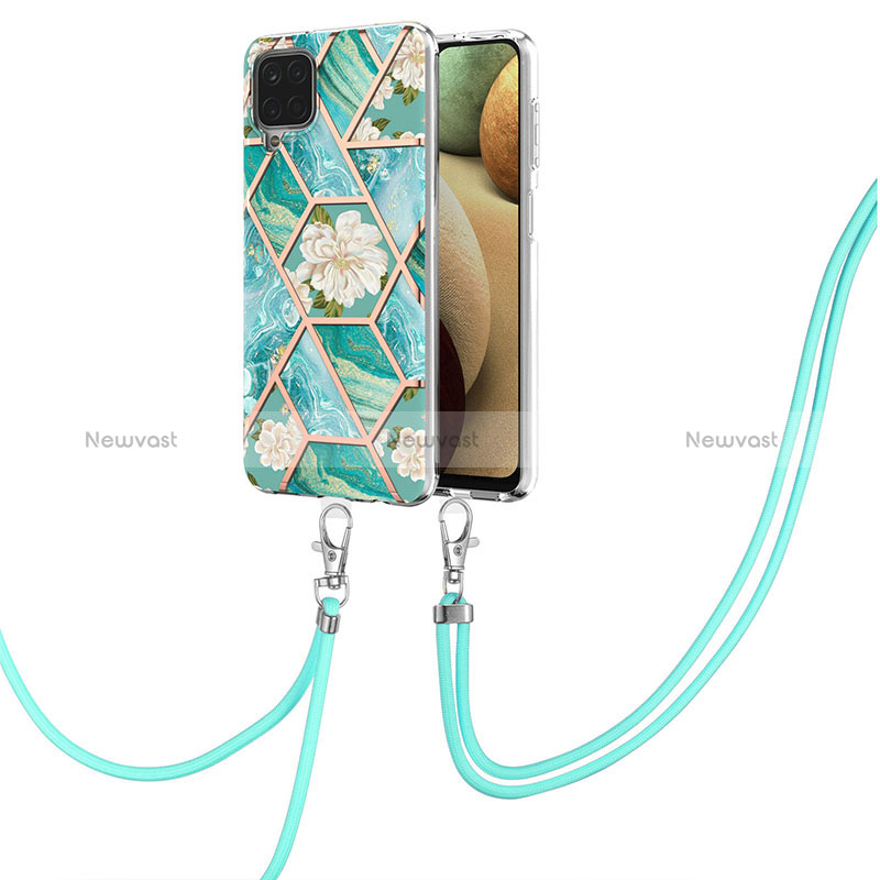 Silicone Candy Rubber Gel Fashionable Pattern Soft Case Cover with Lanyard Strap Y02B for Samsung Galaxy A12 5G Green