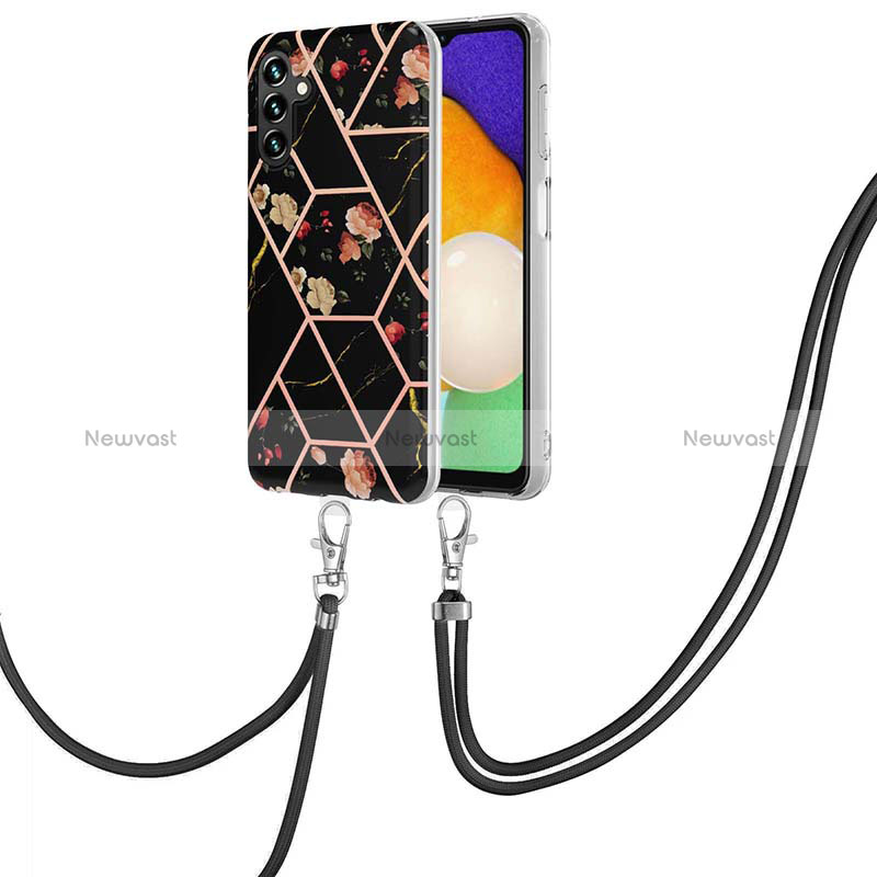 Silicone Candy Rubber Gel Fashionable Pattern Soft Case Cover with Lanyard Strap Y02B for Samsung Galaxy A13 5G Black