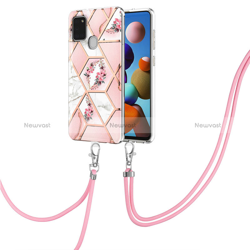 Silicone Candy Rubber Gel Fashionable Pattern Soft Case Cover with Lanyard Strap Y02B for Samsung Galaxy A21s Pink