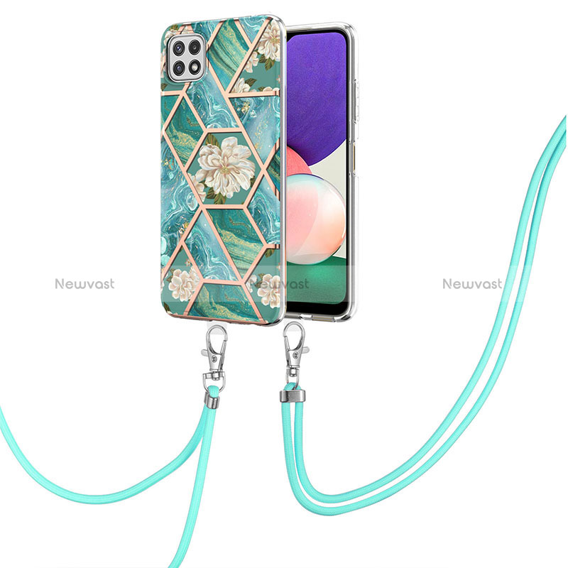 Silicone Candy Rubber Gel Fashionable Pattern Soft Case Cover with Lanyard Strap Y02B for Samsung Galaxy A22 5G Green