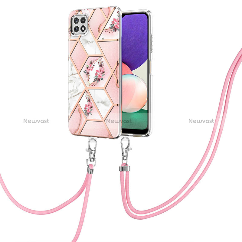 Silicone Candy Rubber Gel Fashionable Pattern Soft Case Cover with Lanyard Strap Y02B for Samsung Galaxy A22 5G Pink