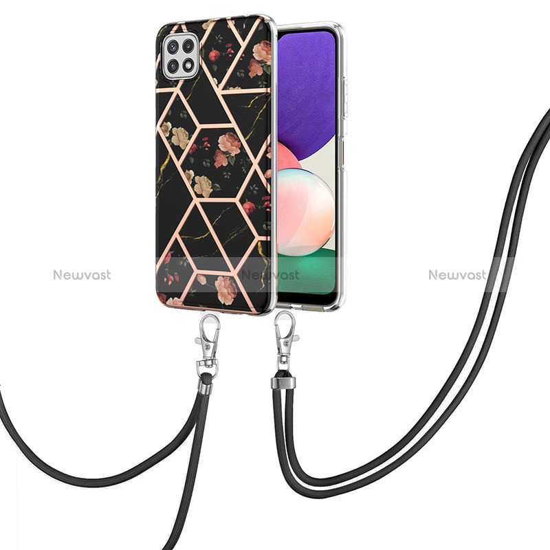 Silicone Candy Rubber Gel Fashionable Pattern Soft Case Cover with Lanyard Strap Y02B for Samsung Galaxy A22s 5G Black