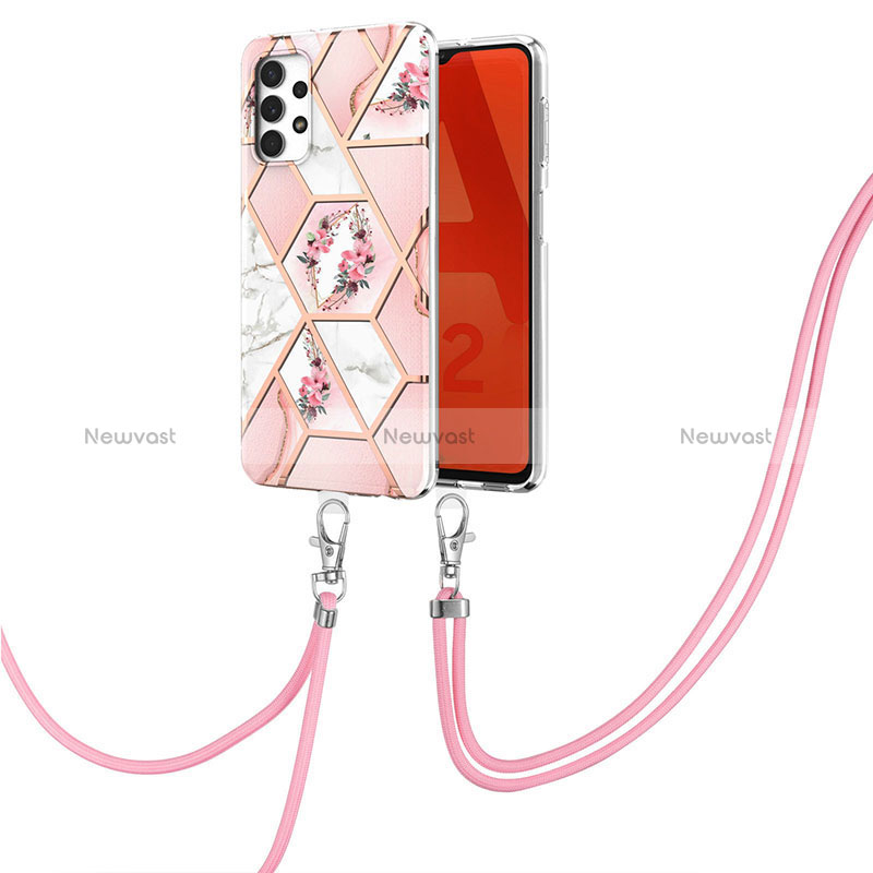 Silicone Candy Rubber Gel Fashionable Pattern Soft Case Cover with Lanyard Strap Y02B for Samsung Galaxy A32 5G