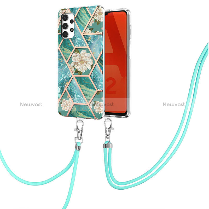 Silicone Candy Rubber Gel Fashionable Pattern Soft Case Cover with Lanyard Strap Y02B for Samsung Galaxy A32 5G Green