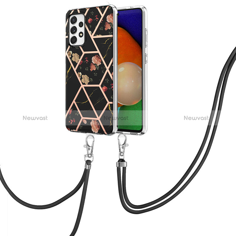 Silicone Candy Rubber Gel Fashionable Pattern Soft Case Cover with Lanyard Strap Y02B for Samsung Galaxy A33 5G Black
