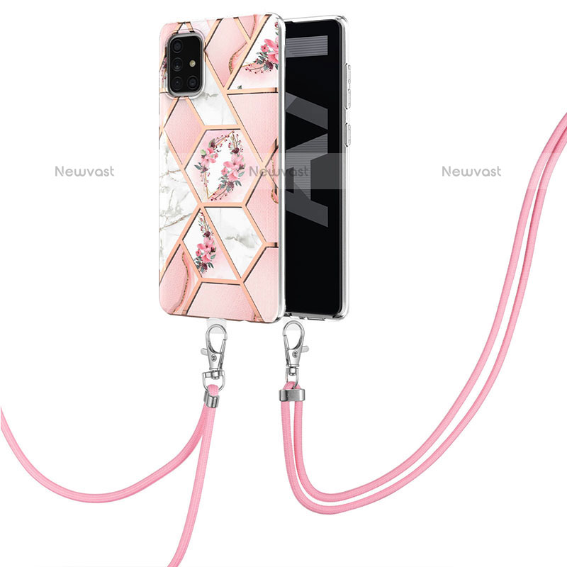 Silicone Candy Rubber Gel Fashionable Pattern Soft Case Cover with Lanyard Strap Y02B for Samsung Galaxy A71 4G A715 Pink