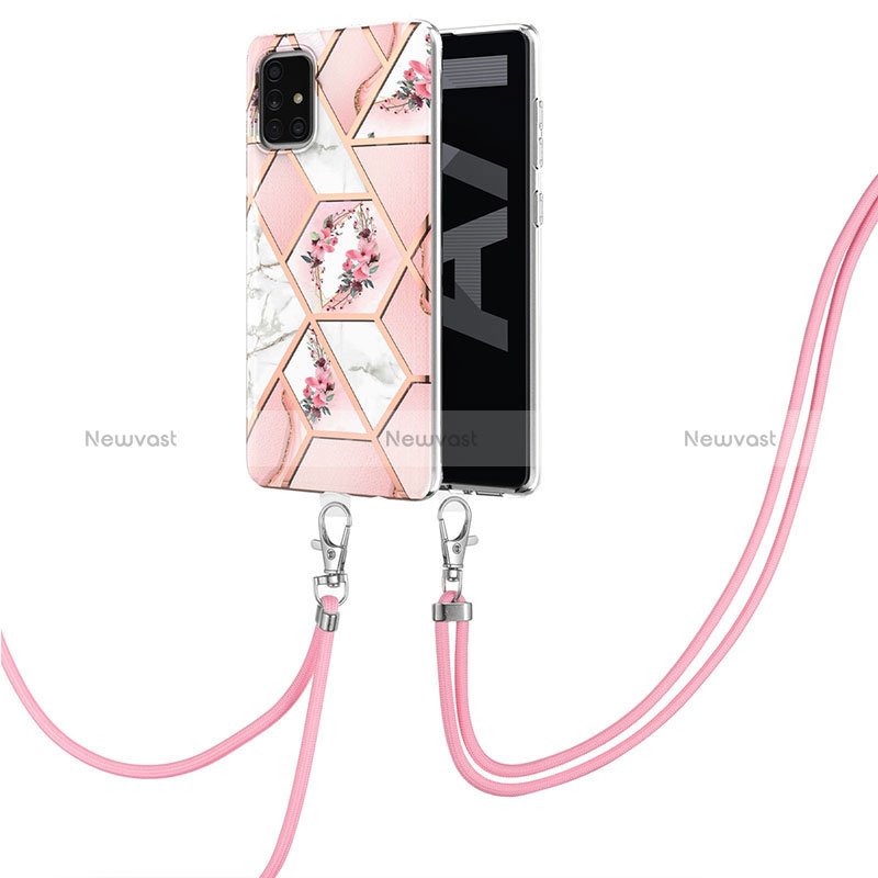 Silicone Candy Rubber Gel Fashionable Pattern Soft Case Cover with Lanyard Strap Y02B for Samsung Galaxy A71 5G Pink