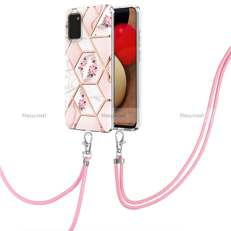 Silicone Candy Rubber Gel Fashionable Pattern Soft Case Cover with Lanyard Strap Y02B for Samsung Galaxy F02S SM-E025F Pink