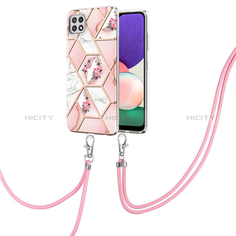 Silicone Candy Rubber Gel Fashionable Pattern Soft Case Cover with Lanyard Strap Y02B for Samsung Galaxy F42 5G Pink