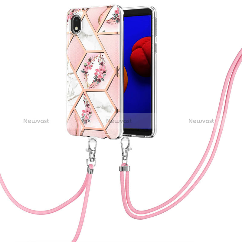 Silicone Candy Rubber Gel Fashionable Pattern Soft Case Cover with Lanyard Strap Y02B for Samsung Galaxy M01 Core Pink