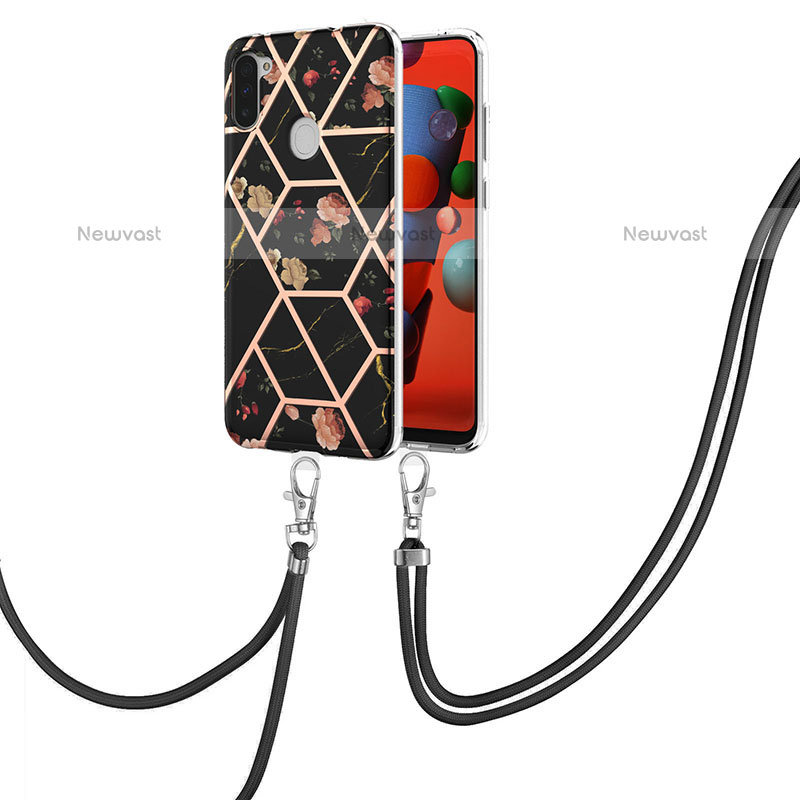 Silicone Candy Rubber Gel Fashionable Pattern Soft Case Cover with Lanyard Strap Y02B for Samsung Galaxy M11 Black