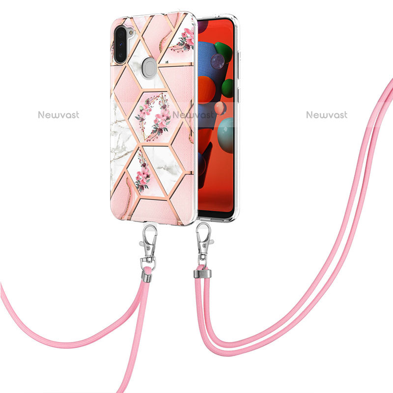 Silicone Candy Rubber Gel Fashionable Pattern Soft Case Cover with Lanyard Strap Y02B for Samsung Galaxy M11 Pink