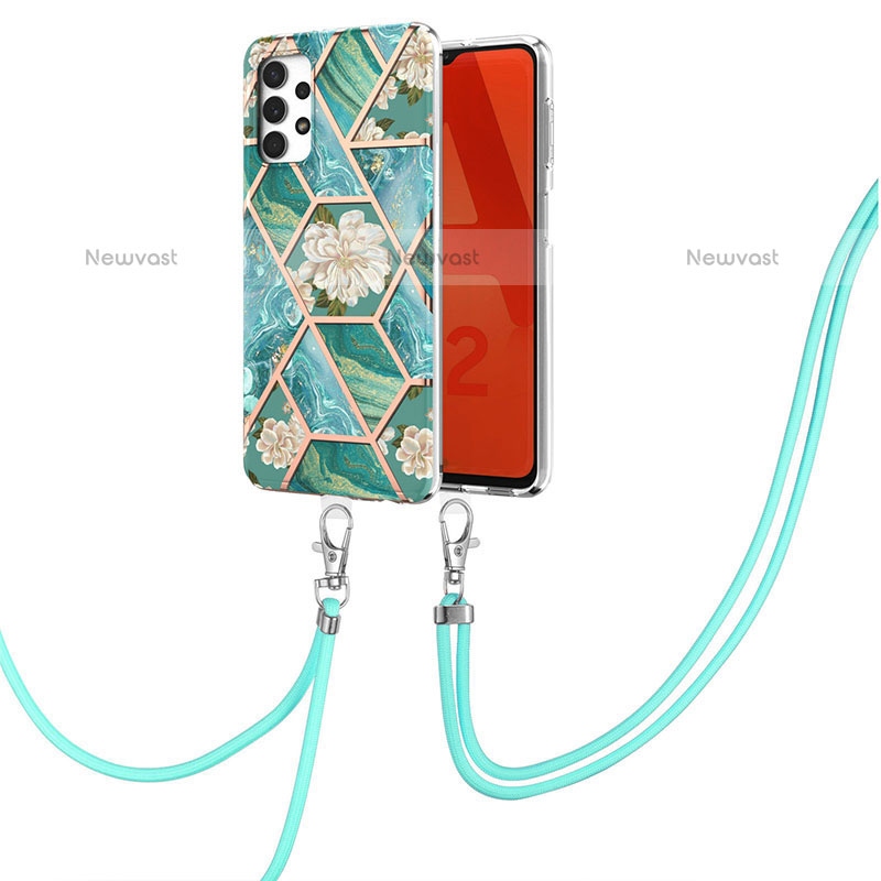 Silicone Candy Rubber Gel Fashionable Pattern Soft Case Cover with Lanyard Strap Y02B for Samsung Galaxy M32 5G Green