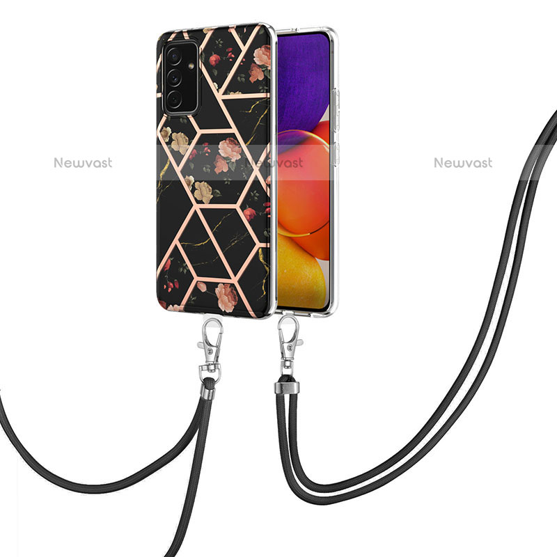 Silicone Candy Rubber Gel Fashionable Pattern Soft Case Cover with Lanyard Strap Y02B for Samsung Galaxy Quantum2 5G Black