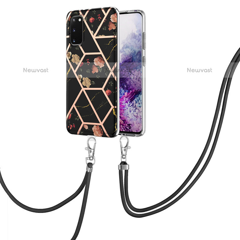 Silicone Candy Rubber Gel Fashionable Pattern Soft Case Cover with Lanyard Strap Y02B for Samsung Galaxy S20 5G Black