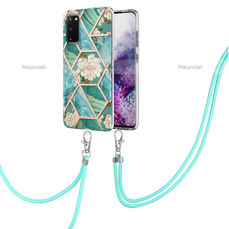 Silicone Candy Rubber Gel Fashionable Pattern Soft Case Cover with Lanyard Strap Y02B for Samsung Galaxy S20 5G Green