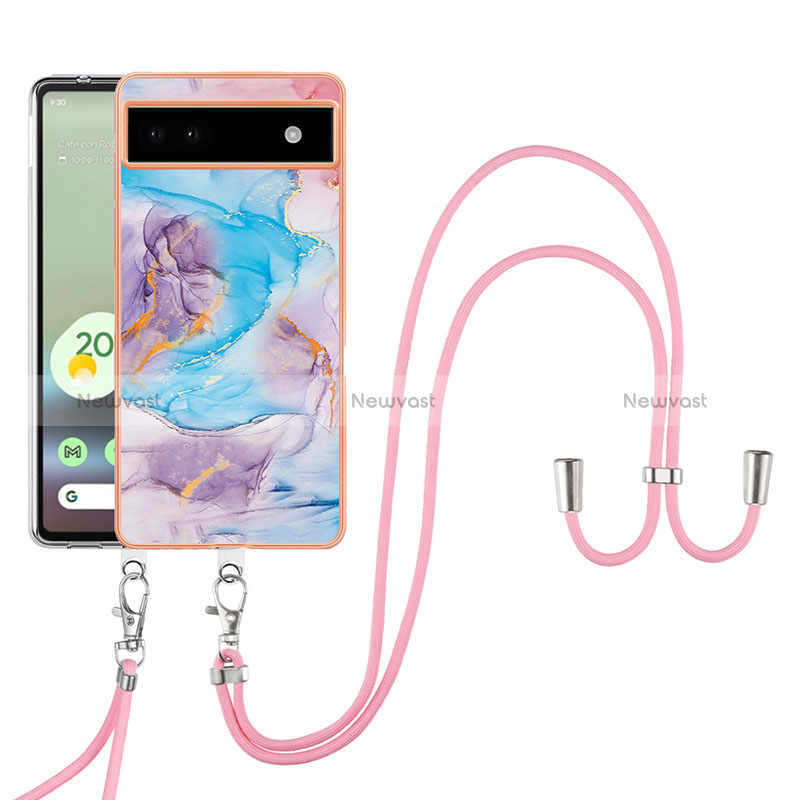 Silicone Candy Rubber Gel Fashionable Pattern Soft Case Cover with Lanyard Strap Y03B for Google Pixel 6a 5G