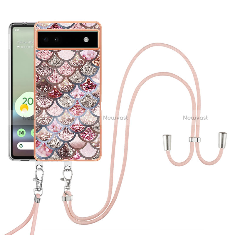Silicone Candy Rubber Gel Fashionable Pattern Soft Case Cover with Lanyard Strap Y03B for Google Pixel 6a 5G Brown