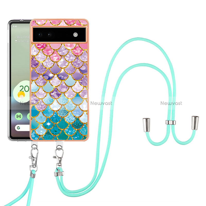 Silicone Candy Rubber Gel Fashionable Pattern Soft Case Cover with Lanyard Strap Y03B for Google Pixel 6a 5G Colorful