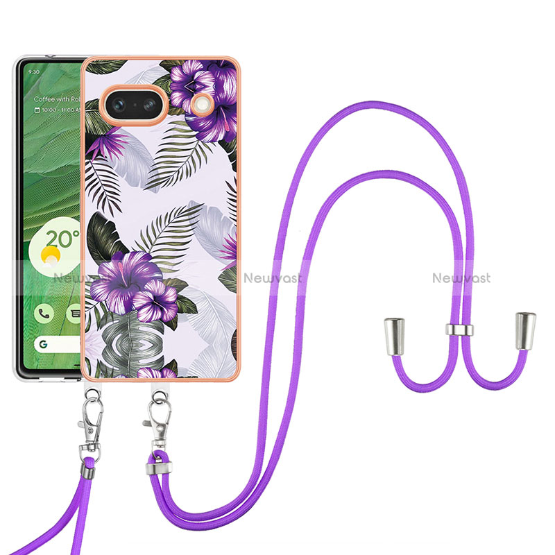 Silicone Candy Rubber Gel Fashionable Pattern Soft Case Cover with Lanyard Strap Y03B for Google Pixel 7a 5G Purple