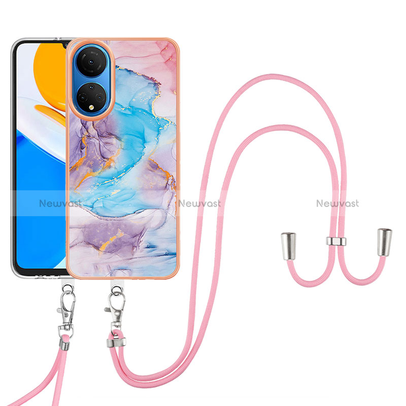 Silicone Candy Rubber Gel Fashionable Pattern Soft Case Cover with Lanyard Strap Y03B for Huawei Honor X7 Blue