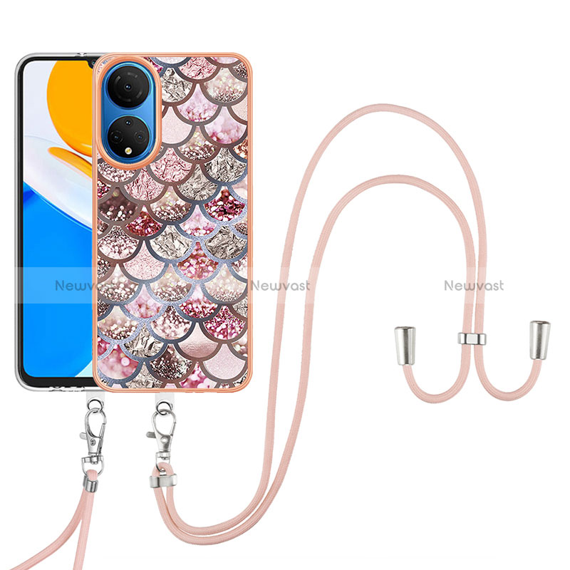 Silicone Candy Rubber Gel Fashionable Pattern Soft Case Cover with Lanyard Strap Y03B for Huawei Honor X7 Brown