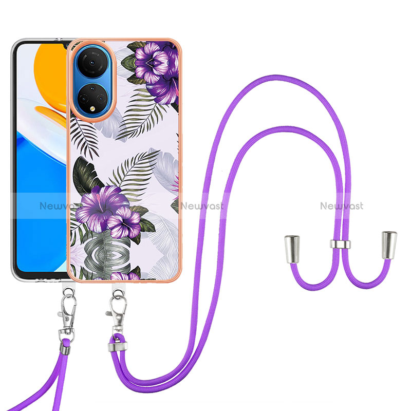 Silicone Candy Rubber Gel Fashionable Pattern Soft Case Cover with Lanyard Strap Y03B for Huawei Honor X7 Purple