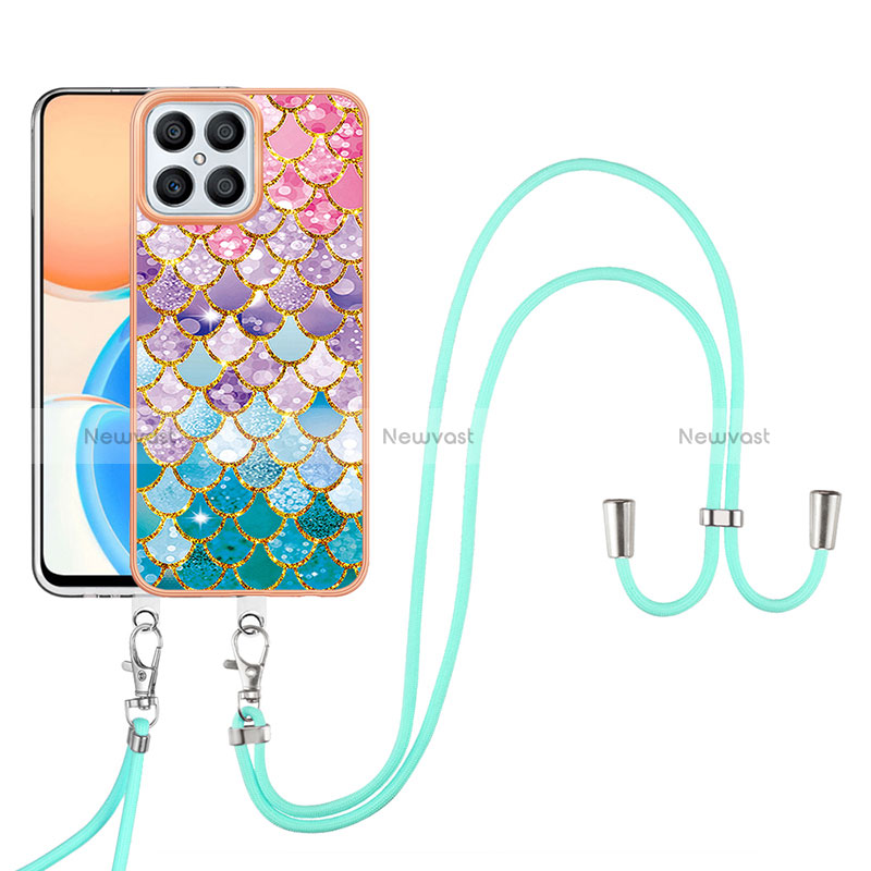 Silicone Candy Rubber Gel Fashionable Pattern Soft Case Cover with Lanyard Strap Y03B for Huawei Honor X8 4G