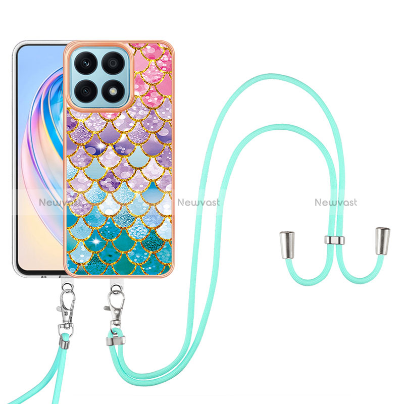 Silicone Candy Rubber Gel Fashionable Pattern Soft Case Cover with Lanyard Strap Y03B for Huawei Honor X8a 4G Colorful