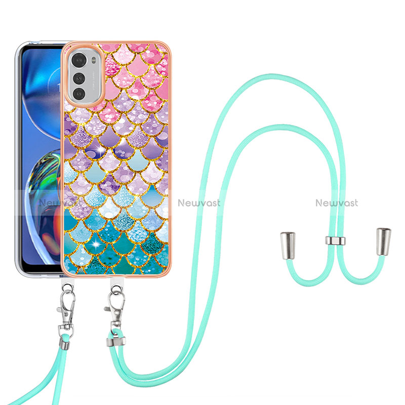 Silicone Candy Rubber Gel Fashionable Pattern Soft Case Cover with Lanyard Strap Y03B for Motorola Moto E32s Colorful