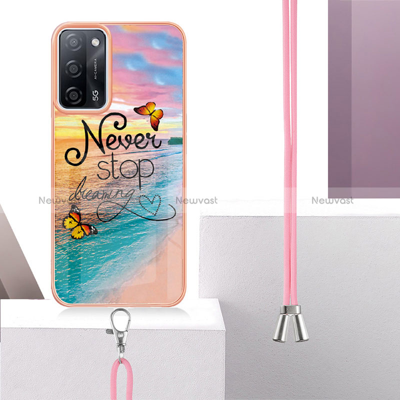 Silicone Candy Rubber Gel Fashionable Pattern Soft Case Cover with Lanyard Strap Y03B for Oppo A53s 5G