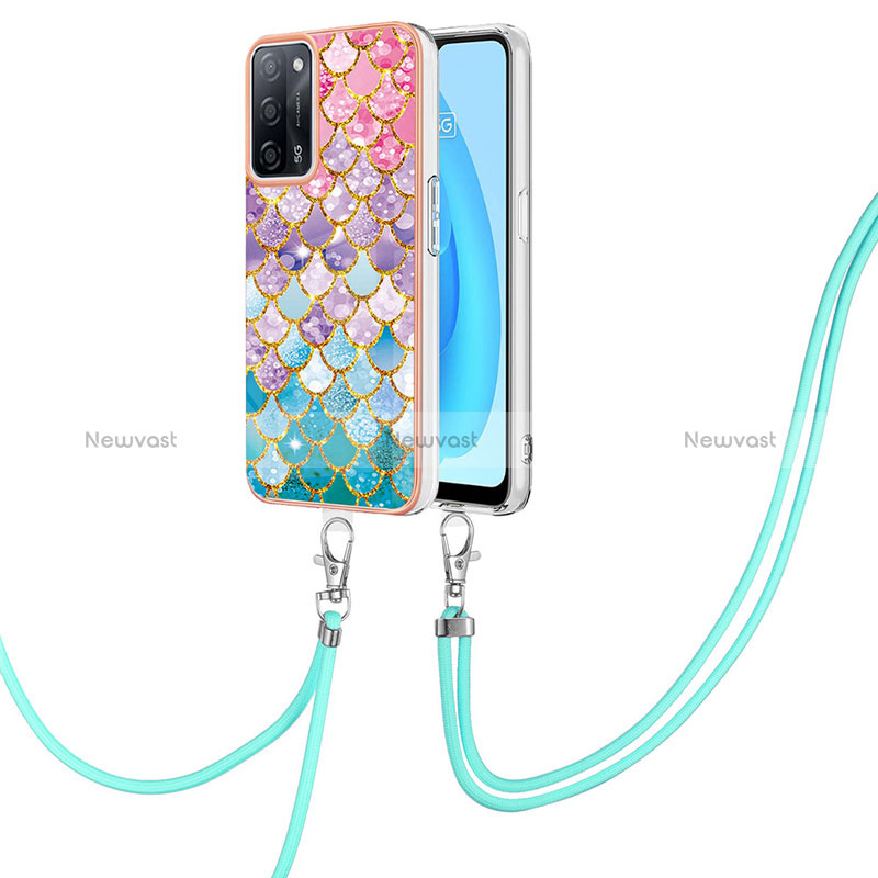 Silicone Candy Rubber Gel Fashionable Pattern Soft Case Cover with Lanyard Strap Y03B for Oppo A53s 5G Colorful