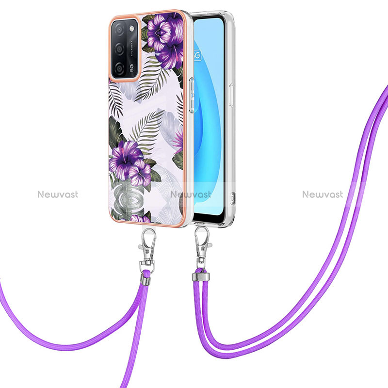 Silicone Candy Rubber Gel Fashionable Pattern Soft Case Cover with Lanyard Strap Y03B for Oppo A53s 5G Purple