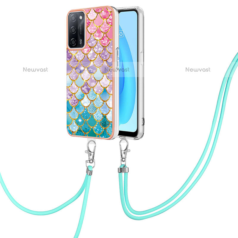 Silicone Candy Rubber Gel Fashionable Pattern Soft Case Cover with Lanyard Strap Y03B for Oppo A55 5G