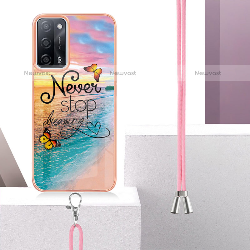 Silicone Candy Rubber Gel Fashionable Pattern Soft Case Cover with Lanyard Strap Y03B for Oppo A55 5G