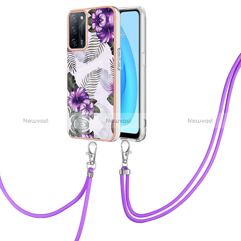 Silicone Candy Rubber Gel Fashionable Pattern Soft Case Cover with Lanyard Strap Y03B for Oppo A56 5G Purple